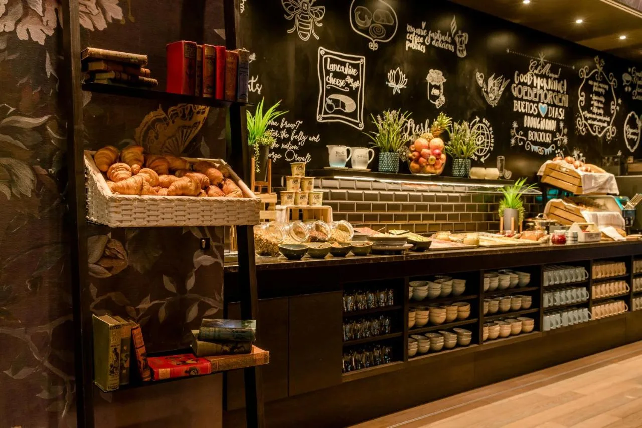 Bakery display with bread and pastries at breakfast